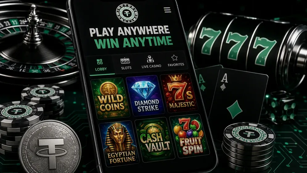smartphone screen showing casino game tiles and lobby